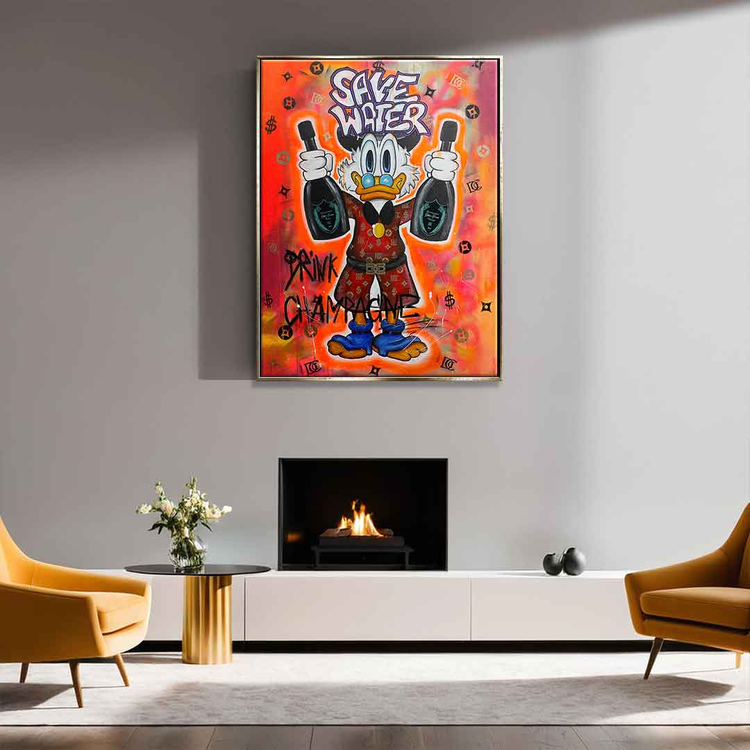 Premium Duck Pop Art Canvas Wall Art - Save Water Drink Champagne Motif - Ready to Hang, UV-Resistant, Handcrafted in Germany 3