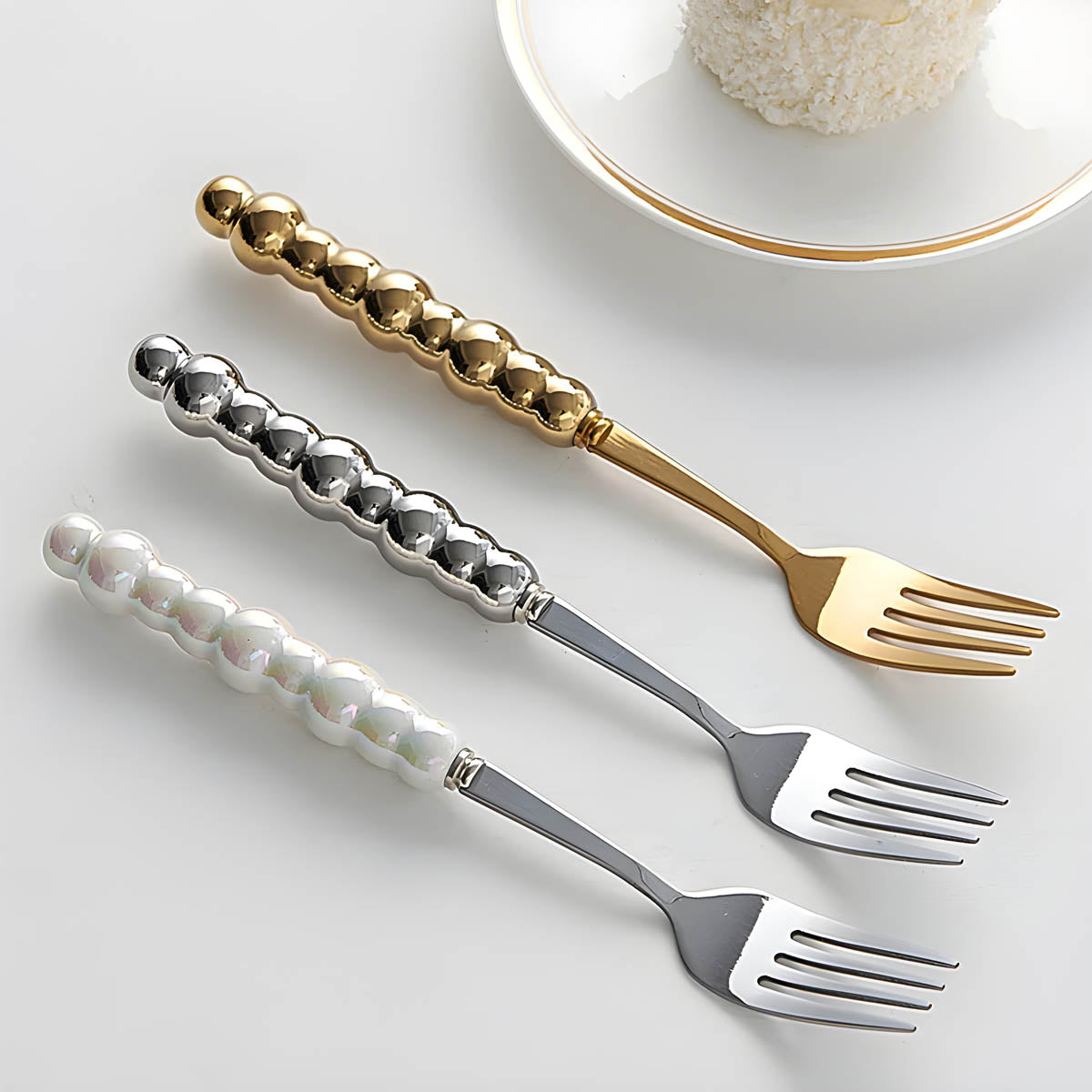 Premium Stainless Steel Cutlery Set with Beaded Handles in Pearl White, Polished Silver, or Radiant Gold – Elegant Dining Essentials 3