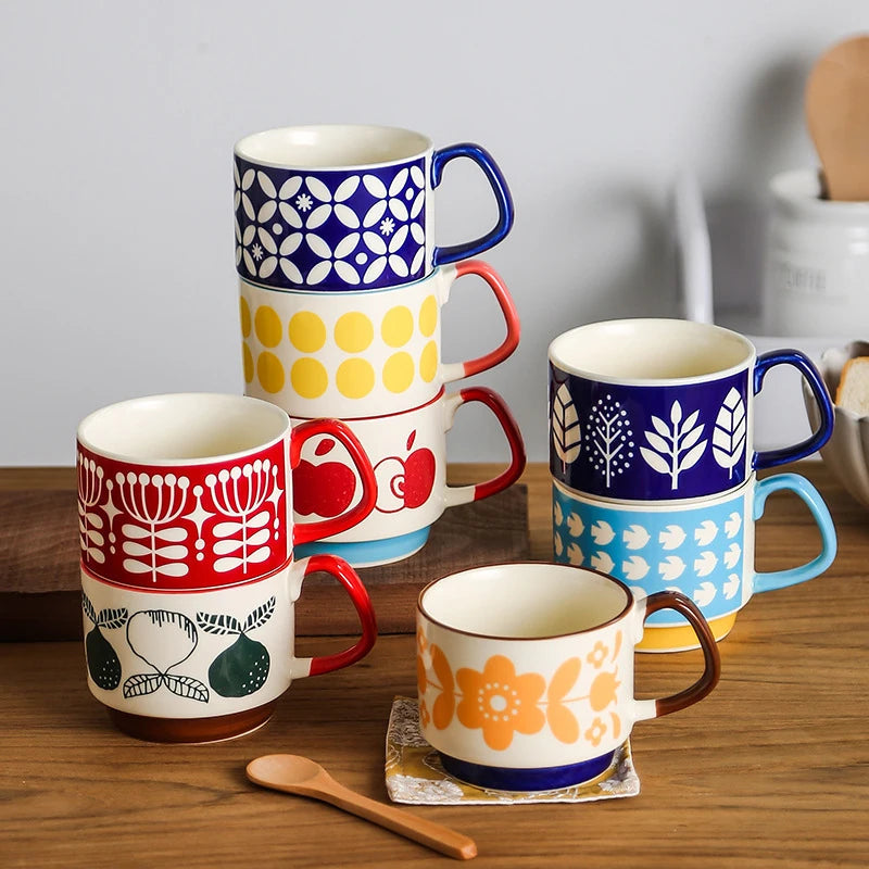Retro Ceramic Coffee Mug Set – 300ml Capacity with Unique 1950s Patterns – Dishwasher and Microwave Safe 3