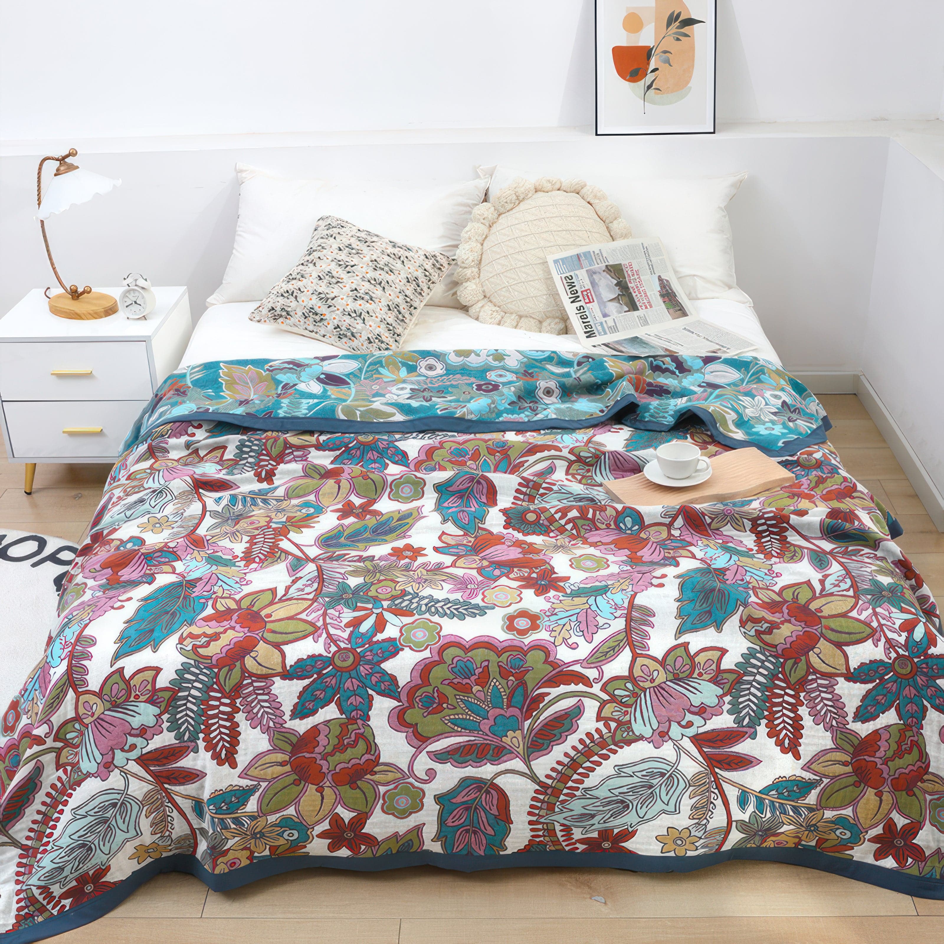 Reversible Floral Cotton Blanket – Soft and Breathable Throw for Home Decor, Lightweight and Machine Washable 0