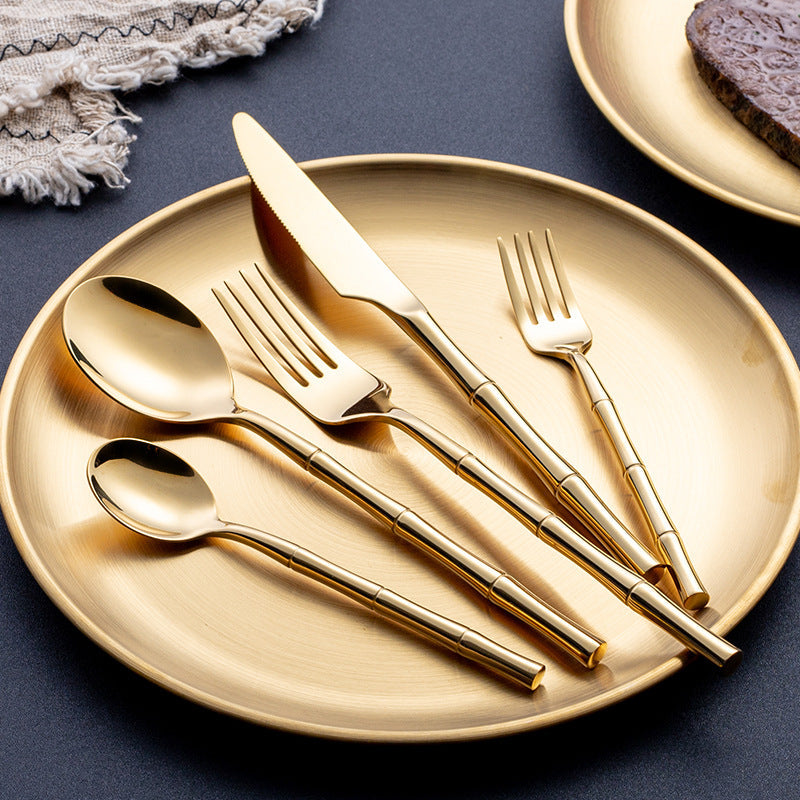 Stainless Steel Cutlery Set with Bamboo Design – 30 or 60 Pieces, Elegant Gold and Silver Finish 2