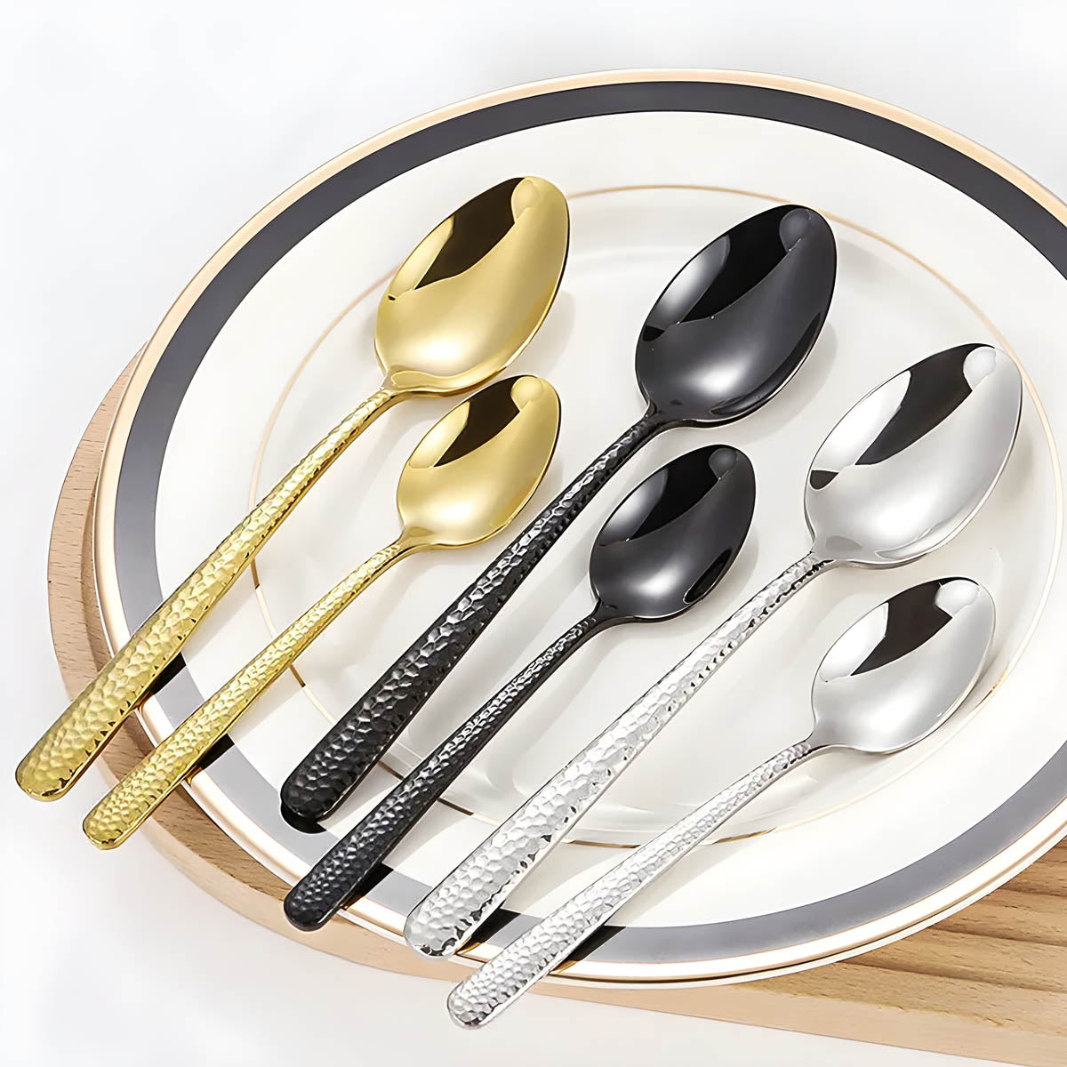 Stainless Steel Cutlery Set with Hammered Handles – Elegant Black, Silver, Gold Finishes for Dining 2
