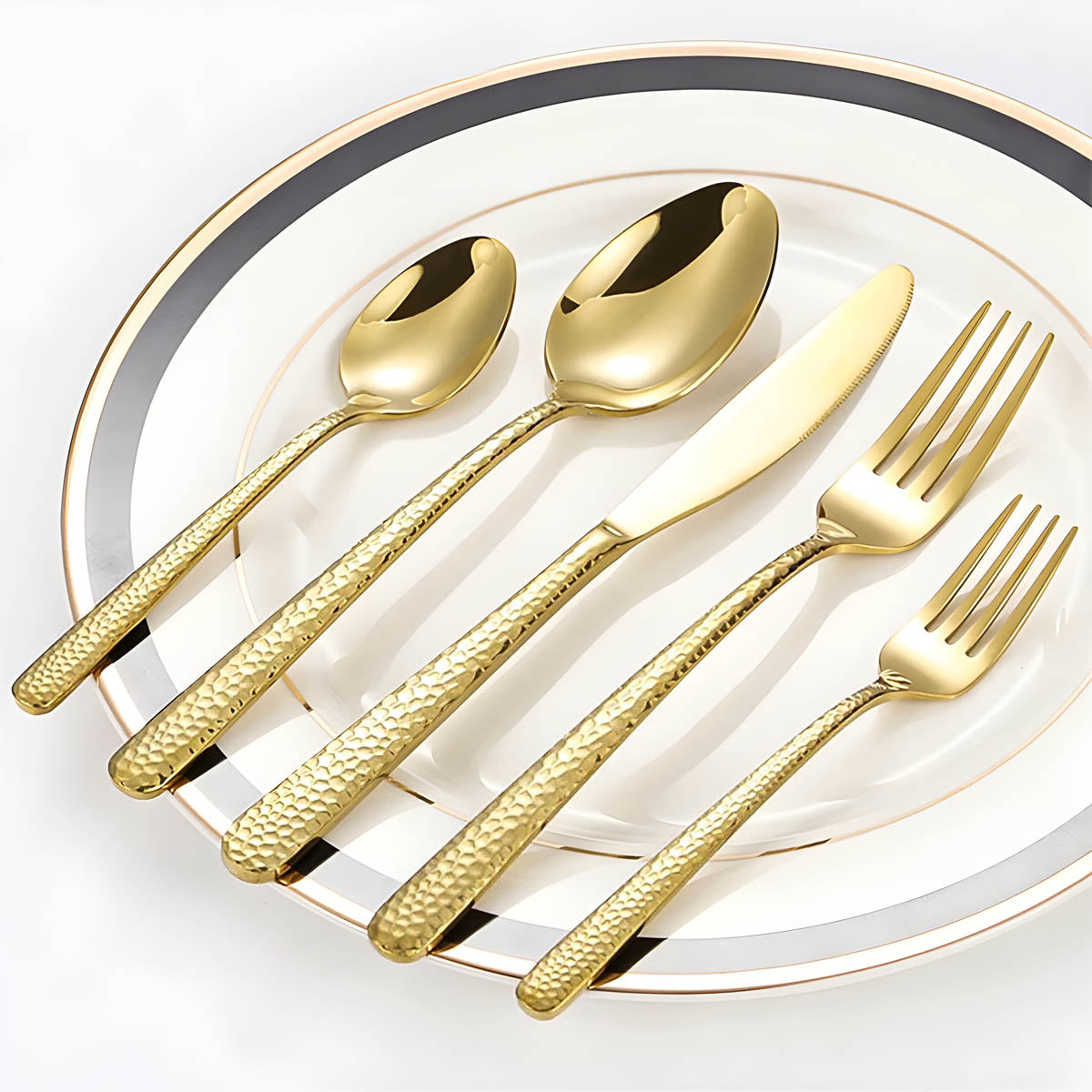 Stainless Steel Cutlery Set with Hammered Handles – Elegant Black, Silver, Gold Finishes for Dining 7