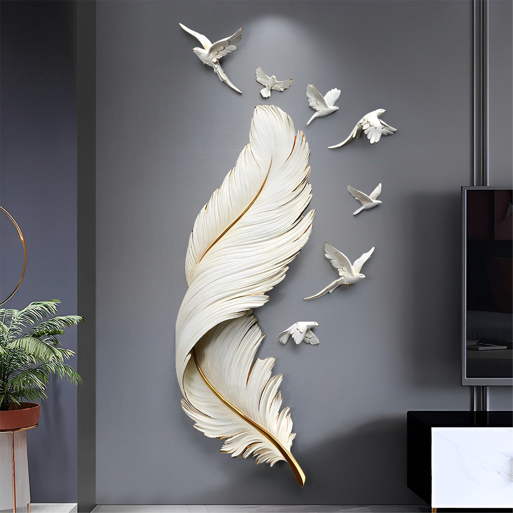 3D Feather Birds Wall Sculpture Art – Nordic Style Home Decor, Hand-Painted, White and Blue, 32 cm x 89 cm, Elegant Wall Statue Art 0