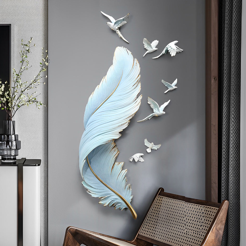 3D Feather Birds Wall Sculpture Art – Nordic Style Home Decor, Hand-Painted, White and Blue, 32 cm x 89 cm, Elegant Wall Statue Art 1
