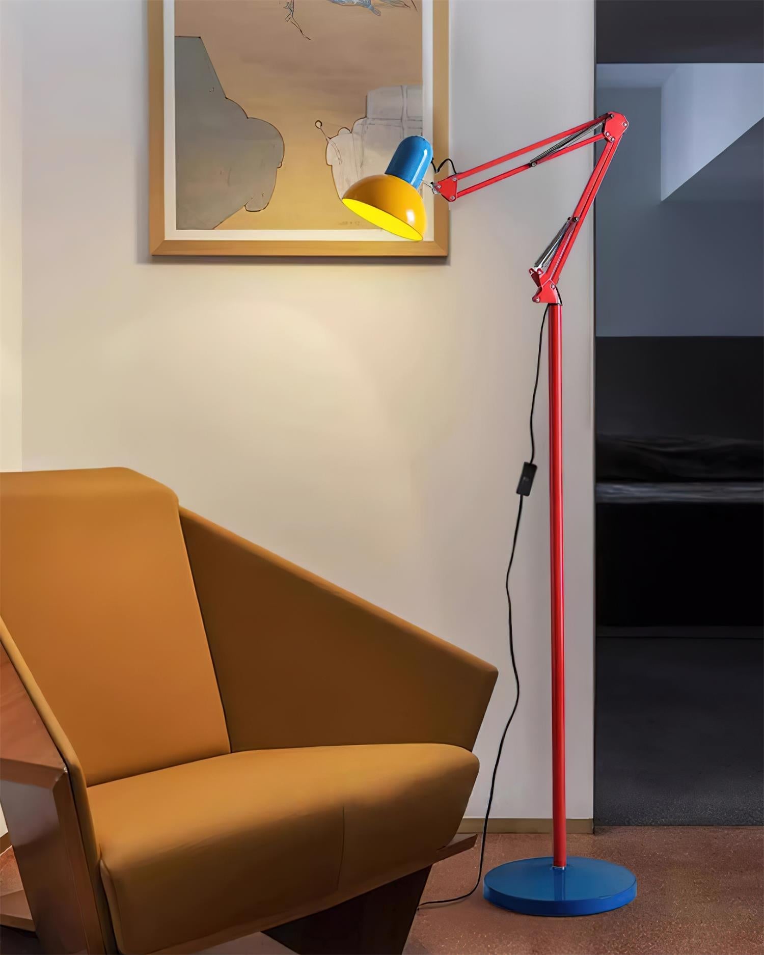 Adjustable Modern Floor Lamp with Colorful Design – Blue Base, Red Arm, Yellow Shade for Living Room 8