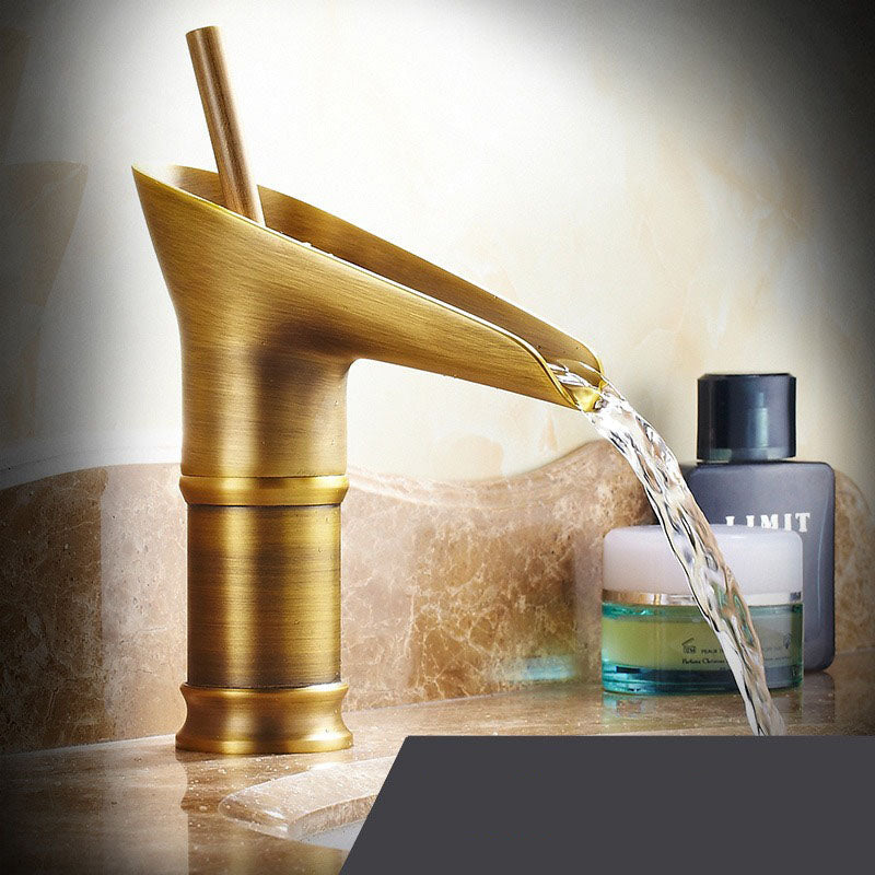 Antique Brass Bathroom Sink Faucet with Waterfall Spout – Single Handle Mixer Tap for Elegant Basin Taps