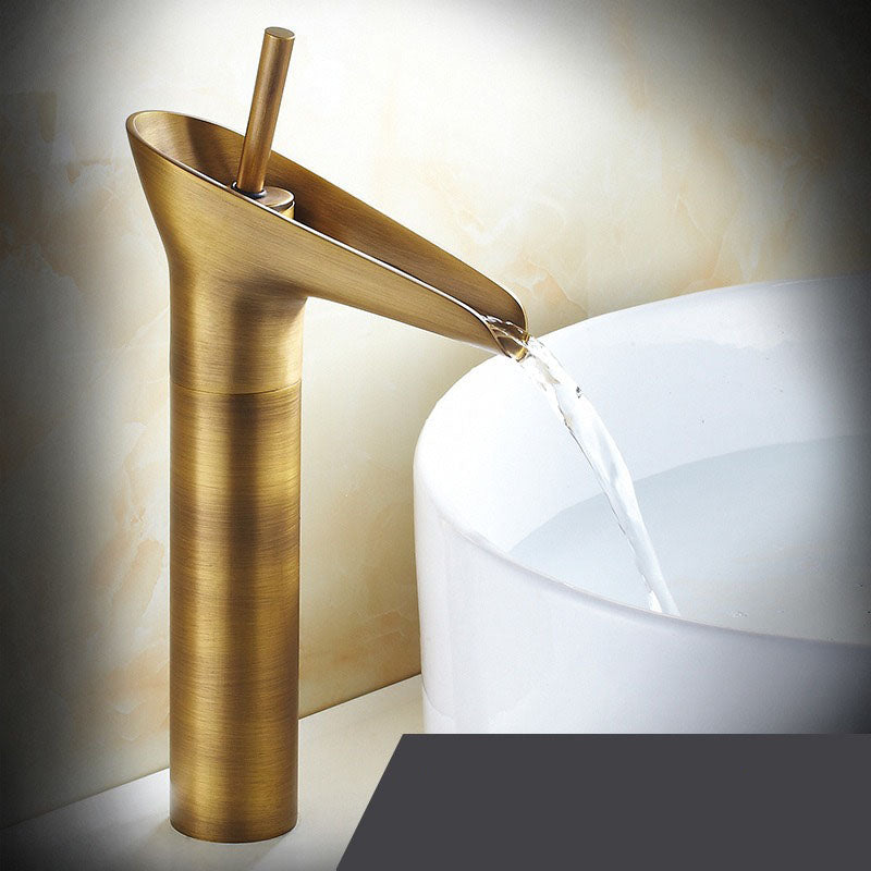 Antique Brass Bathroom Sink Faucet with Waterfall Spout – Single Handle Mixer Tap for Elegant Basin Taps