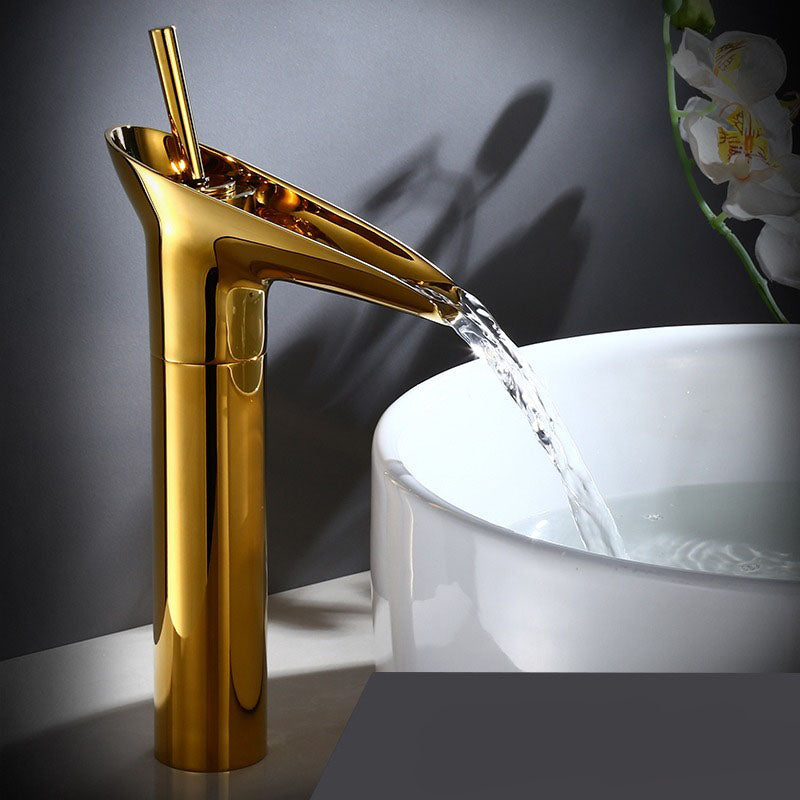 Antique Brass Bathroom Faucet with Waterfall Spout – Single Handle Basin Tap for Elegant Sink Design 9