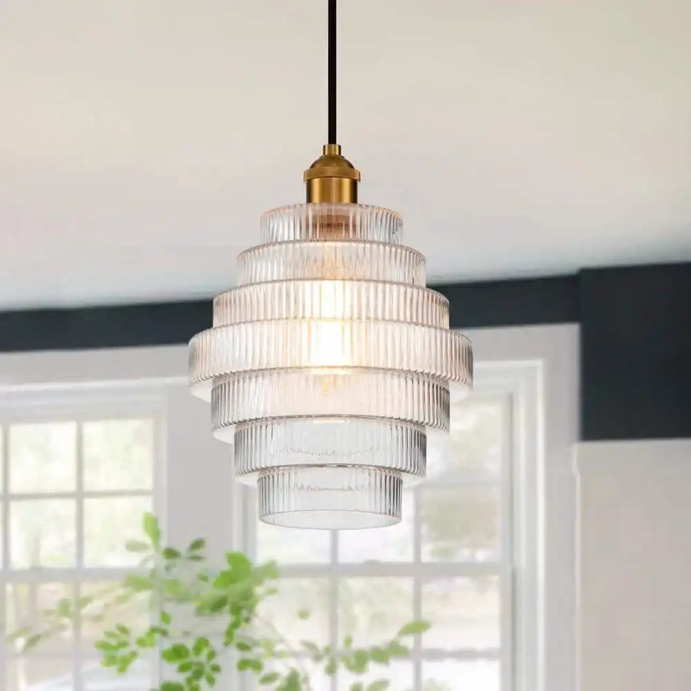 Antique Brass Striped Stained Glass Pendant Light – Elegant Kitchen Pendant Lighting Fixture for Dining and Living Spaces 10