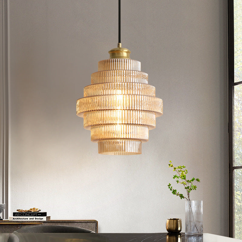 Antique Brass Striped Stained Glass Pendant Light – Elegant Kitchen Pendant Lighting Fixture for Dining and Living Spaces 3