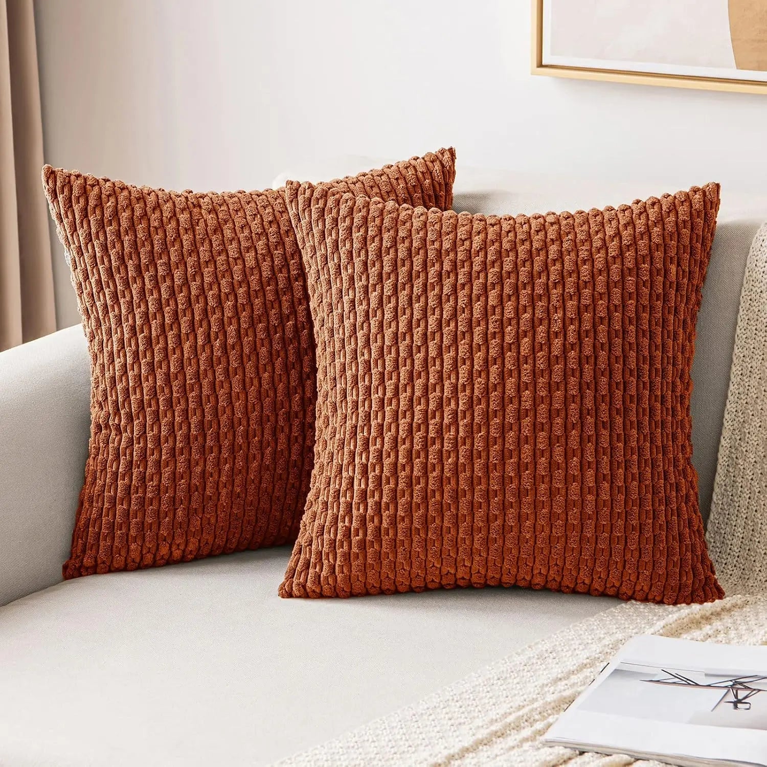 Boho Decorative Cushion Cover in Soft Rib Velvet with Stripes – Accent Pillows for Couch and Bed, Machine Washable 0