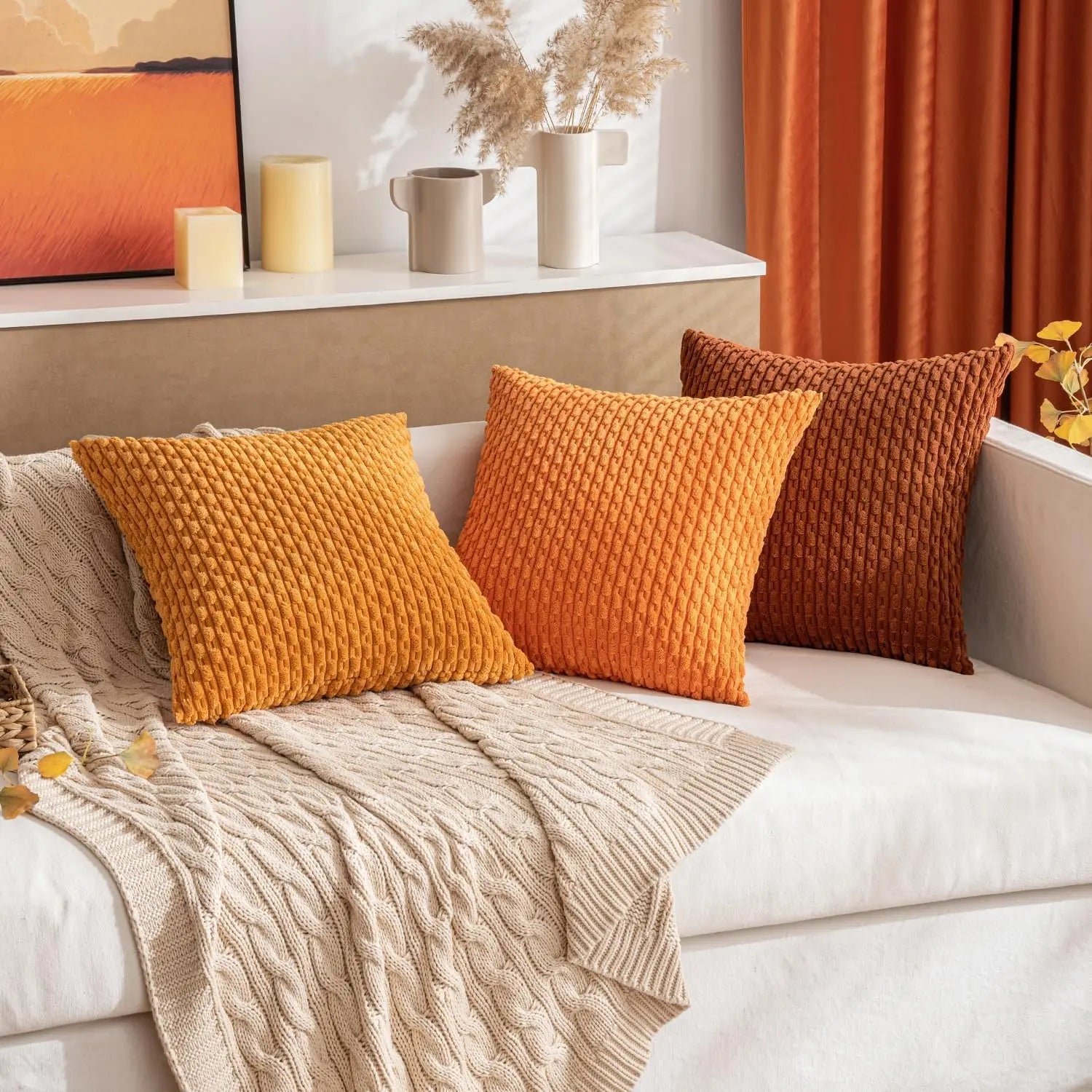 Boho Decorative Cushion Cover in Soft Rib Velvet with Stripes – Accent Pillows for Couch and Bed, Machine Washable 1