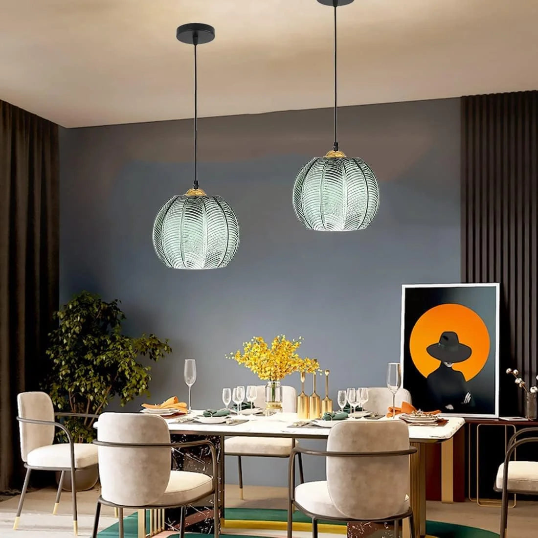 Boho Tropical Palm Leaf Glass Pendant Light – Elegant Kitchen Hanging Light Fixture with Adjustable Height 7