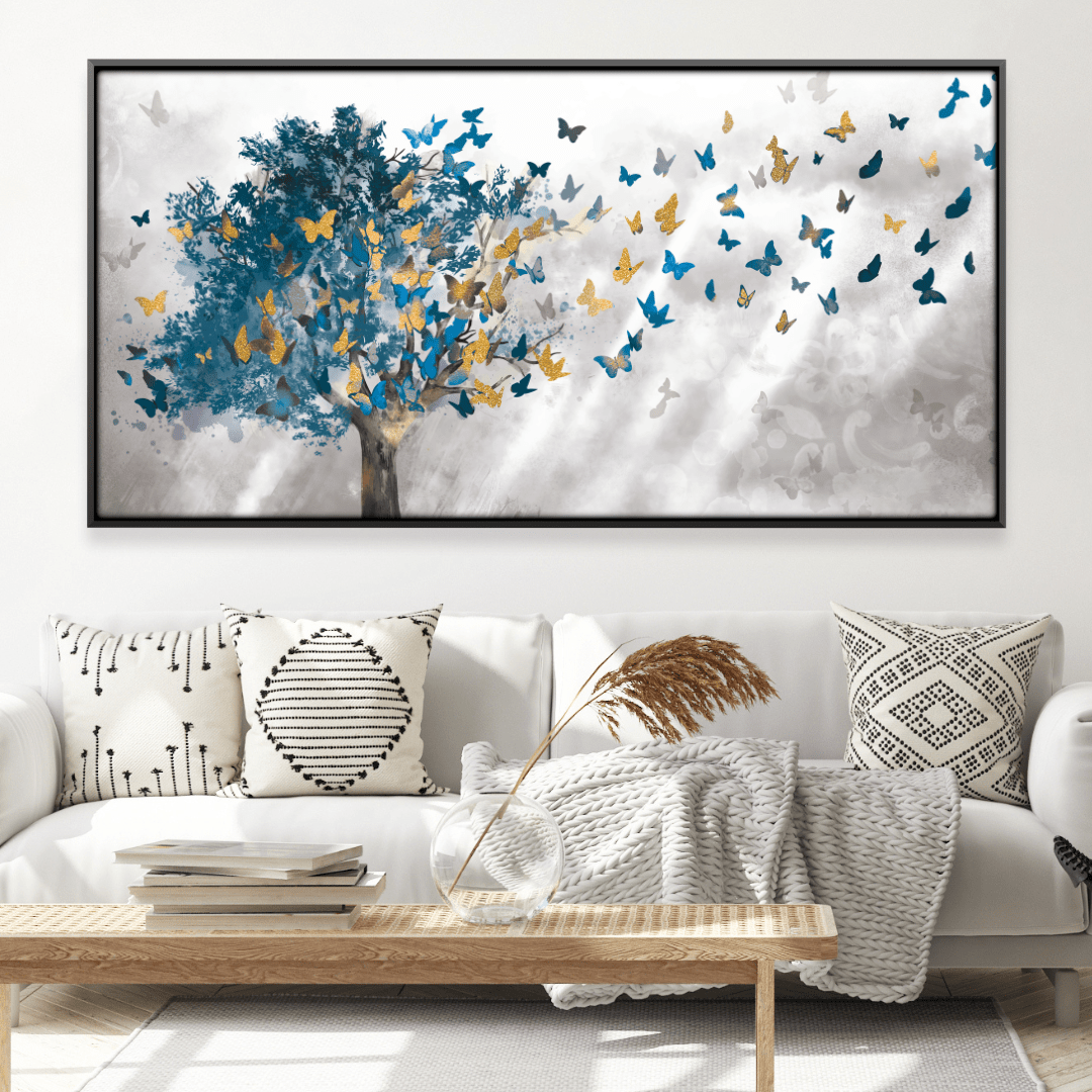 Butterfly Leaves Canvas Art – Nature-Inspired Wall Decor in Blue and Yellow – 24x36 Inches Unframed Canvas Print 0