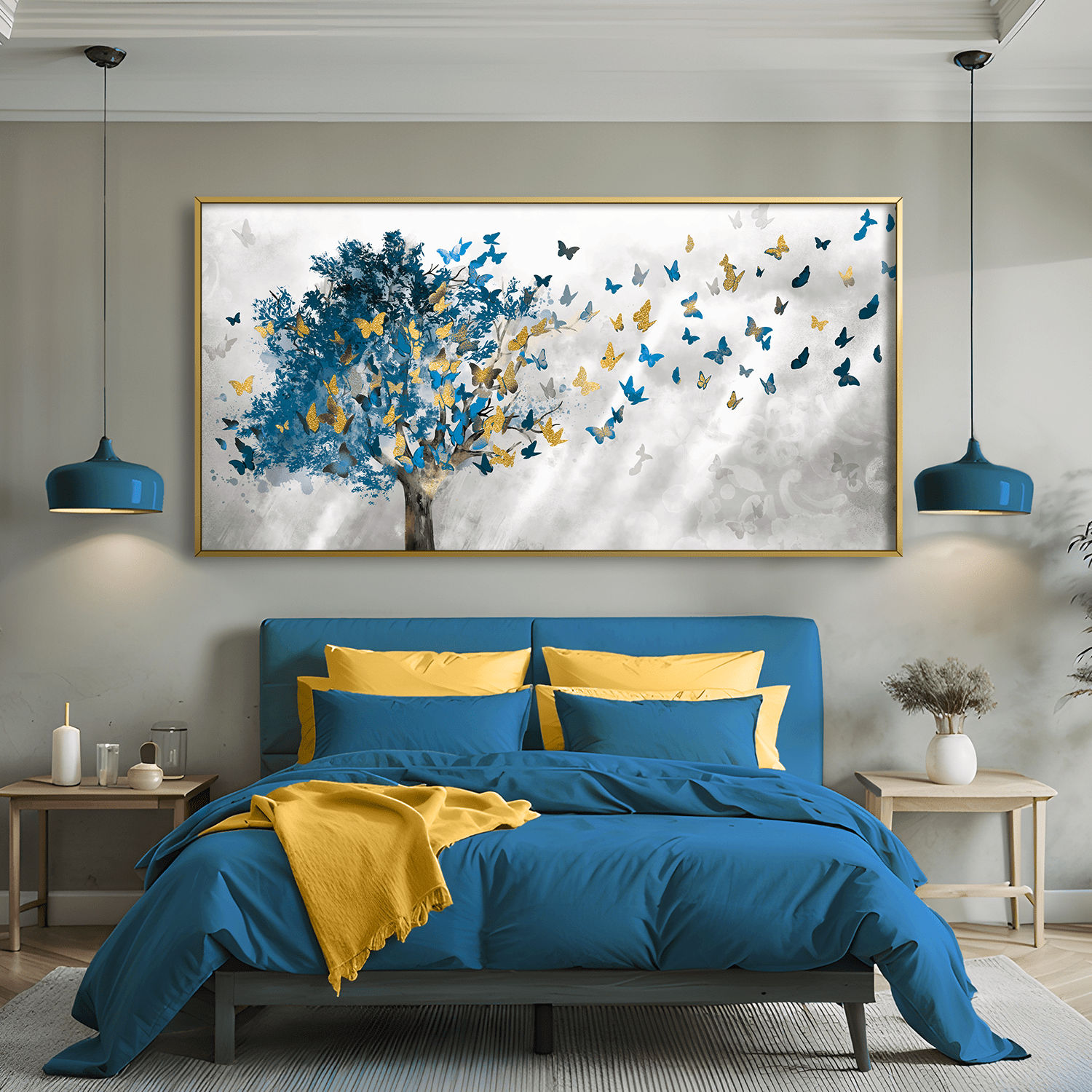 Butterfly Leaves Canvas Art – Nature-Inspired Wall Decor in Blue and Yellow – 24x36 Inches Unframed Canvas Print 1