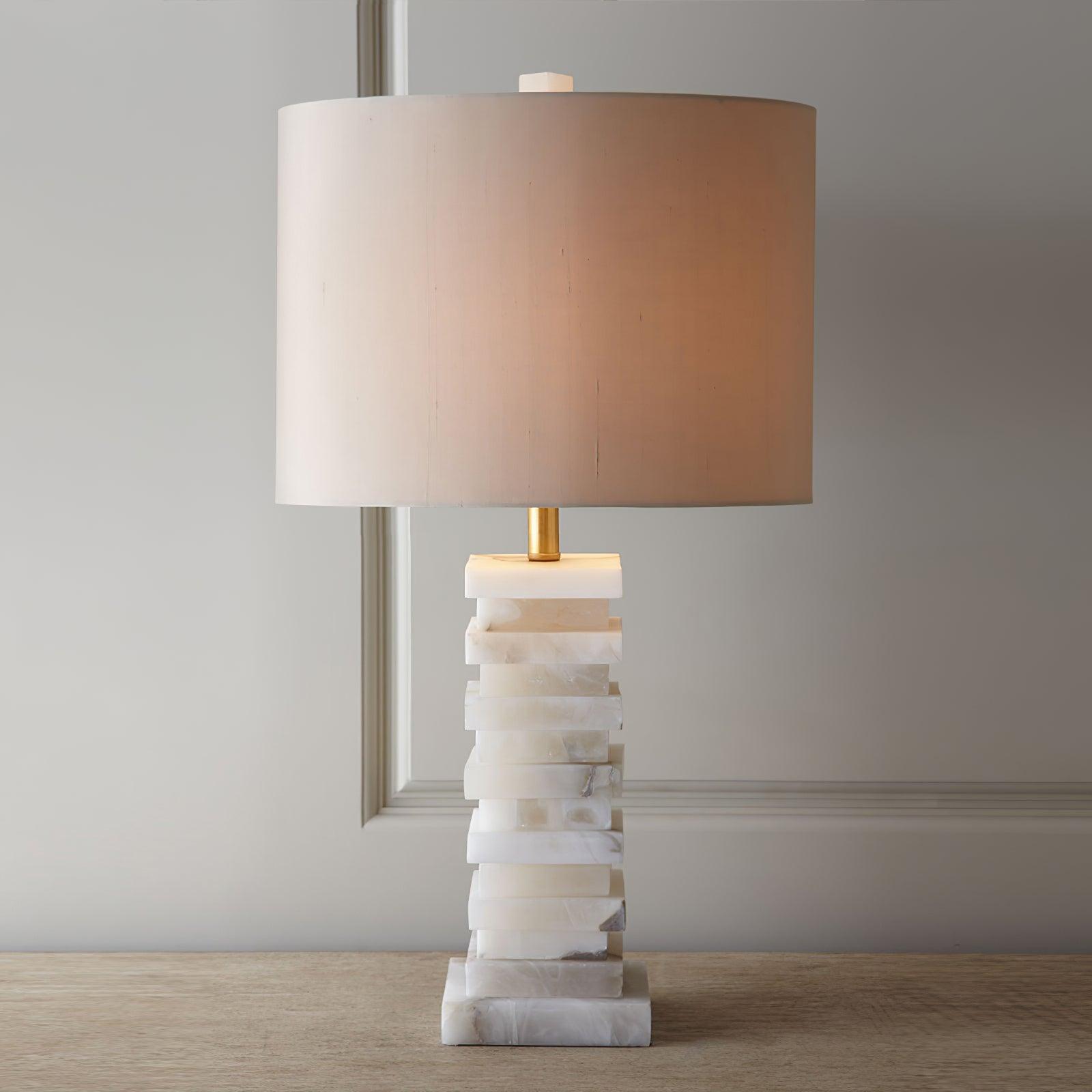 Elegant Alabaster Table Lamp with White Fabric Shade – 36cm Diameter, Indoor Bedside or Desk Lamp 3