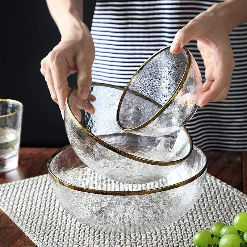 Elegant Bowl Set with Gold Rim – 3 Piece Clear Glass Serving Dishes for Stylish Dining 0