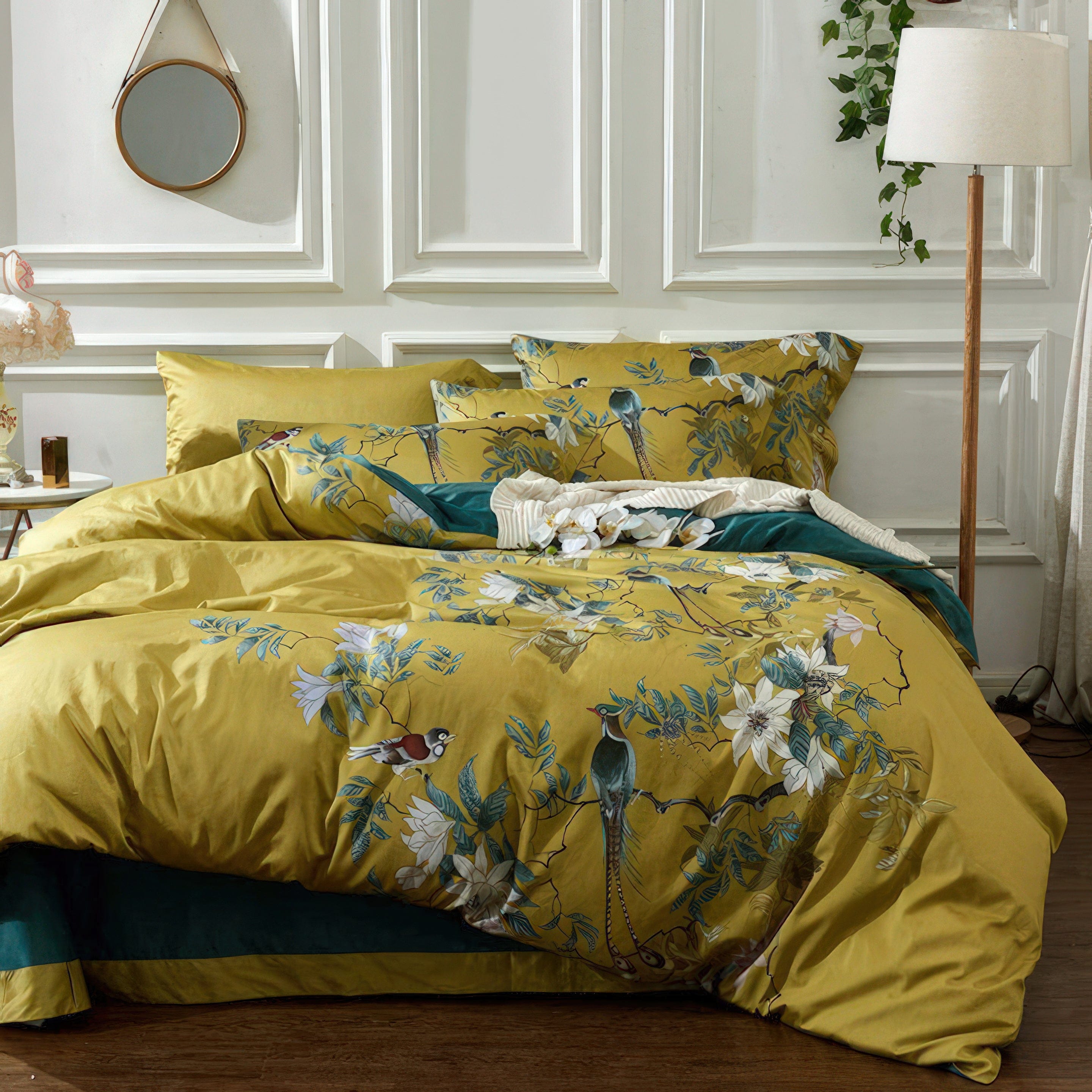 Elegant Duvet Cover Set – Golden Yellow with Bird Motif, Egyptian Cotton Sateen, King Size Available 1