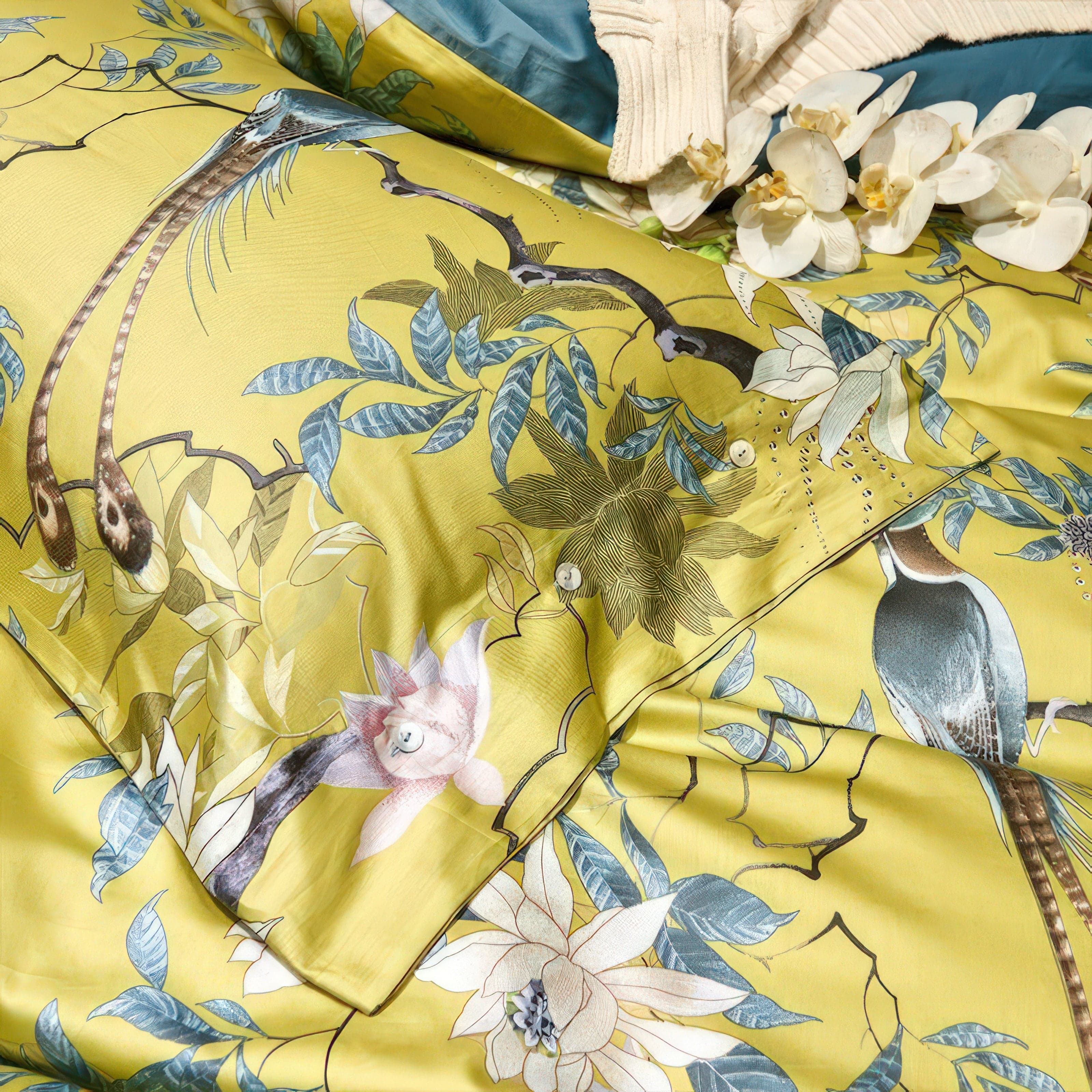 Elegant Duvet Cover Set – Golden Yellow with Bird Motif, Egyptian Cotton Sateen, King Size Available 2