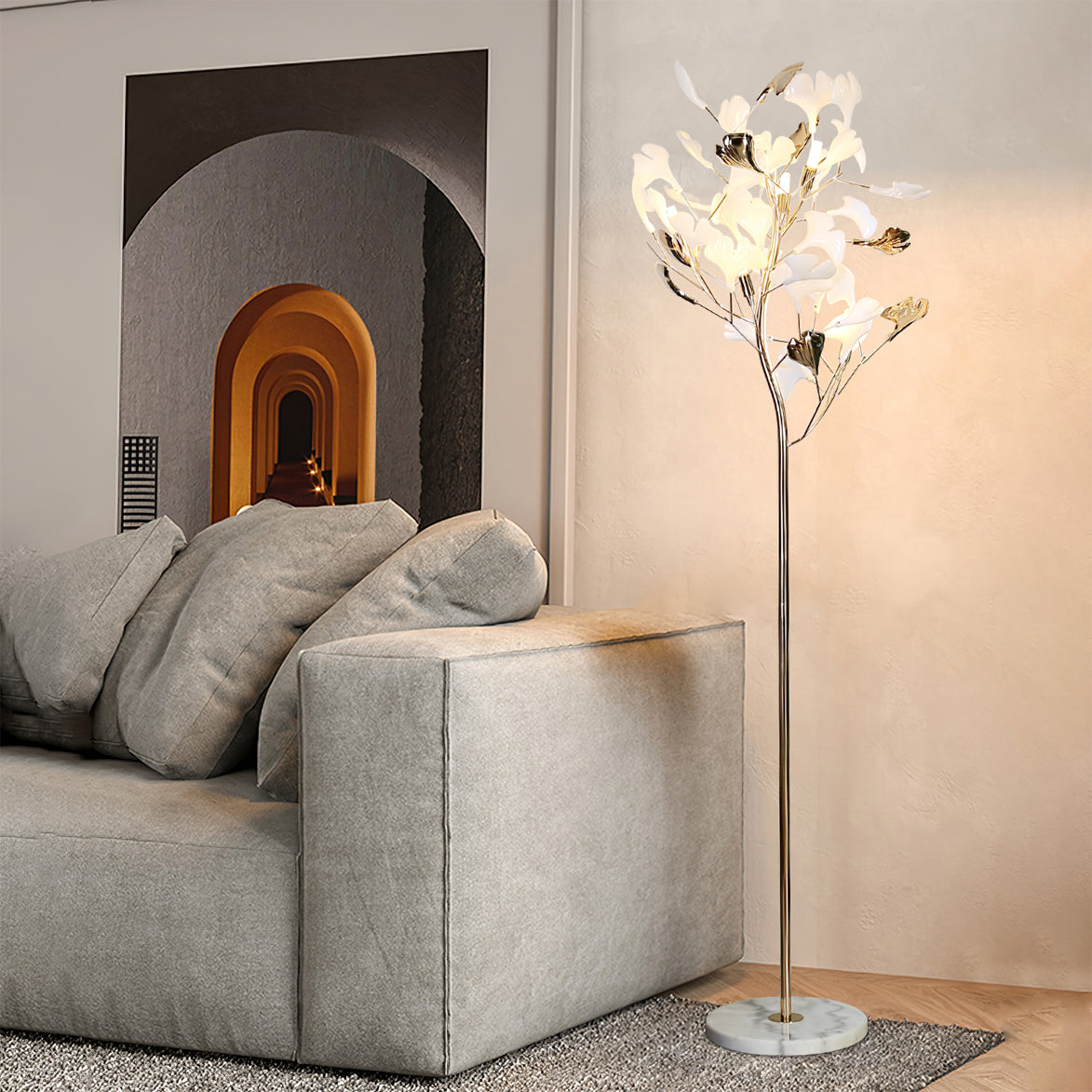 Elegant Ginkgo Leaf Floor Lamp with Gold Metal Base – Ideal for Living Room and Bedroom 2