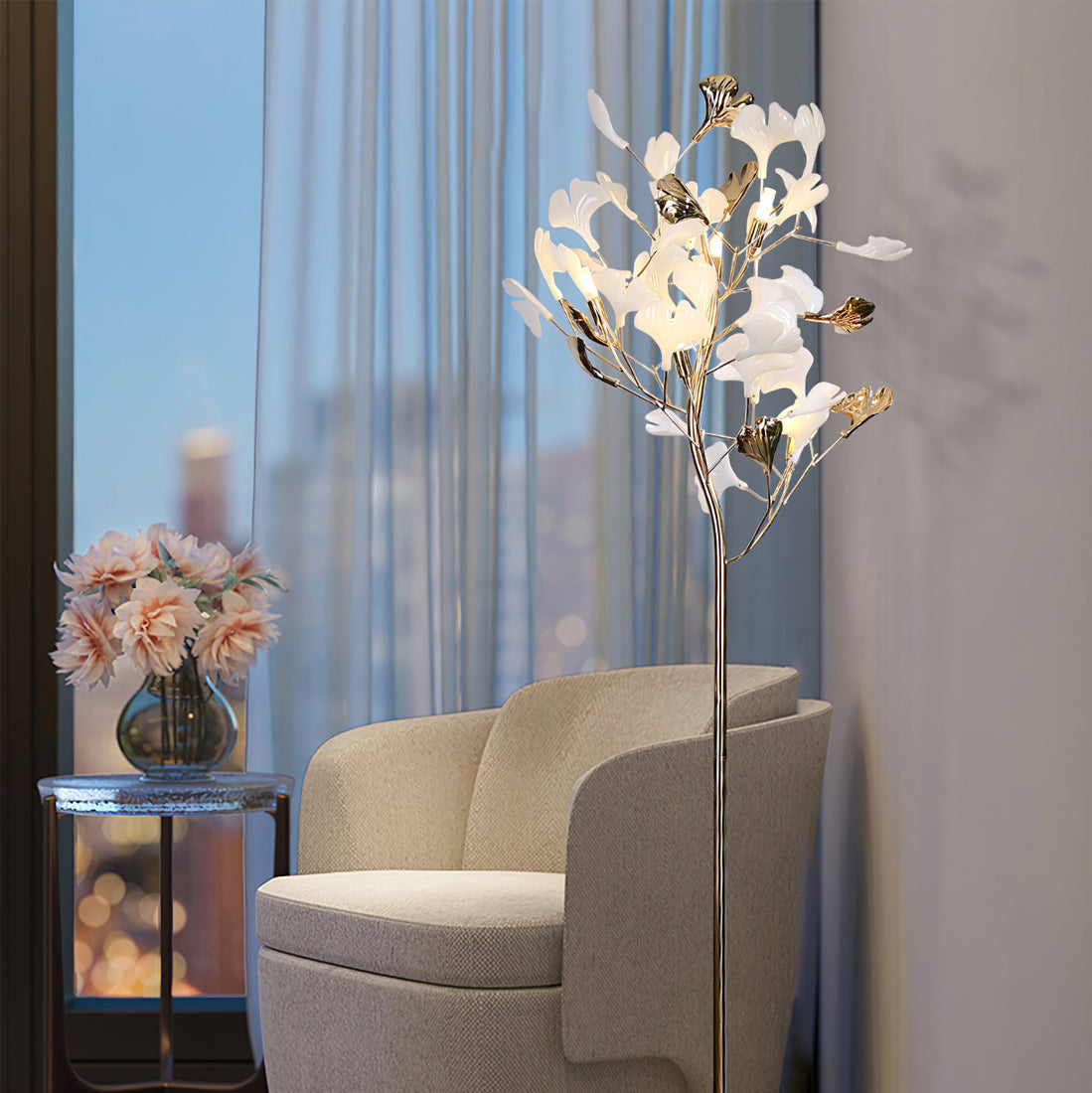 Elegant Ginkgo Leaf Floor Lamp with Gold Metal Base – Ideal for Living Room and Bedroom 4