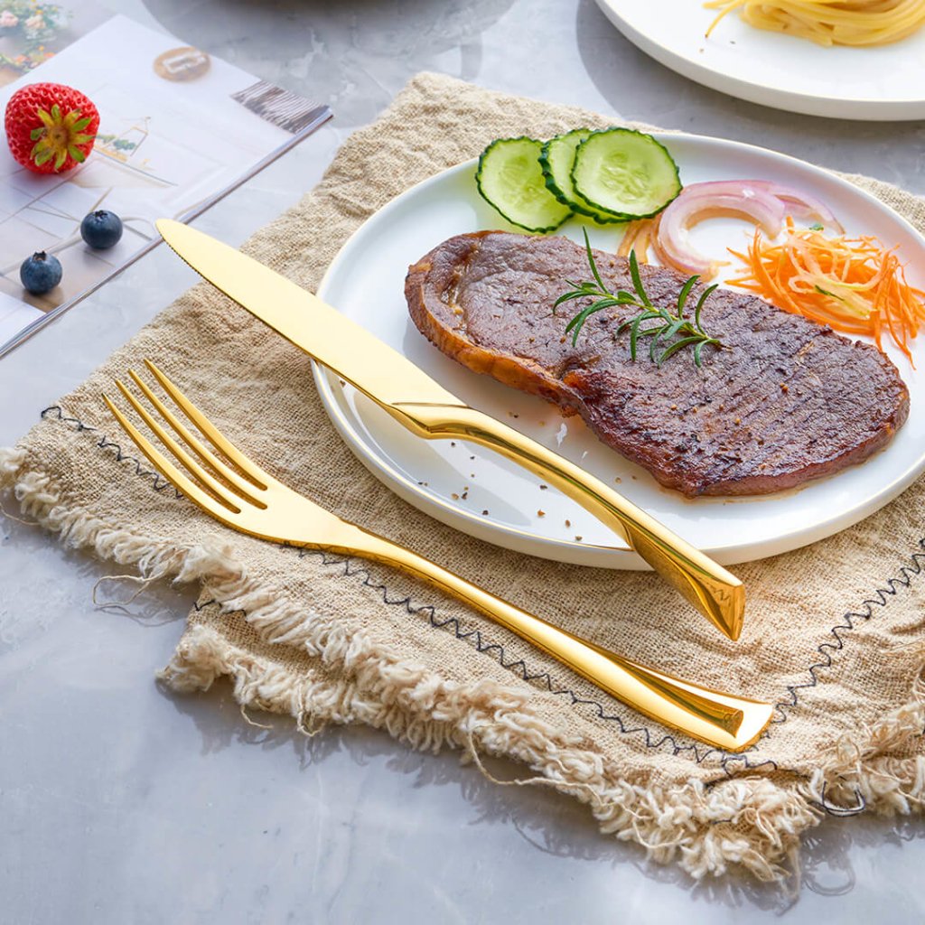 Elegant Jet Gold Stainless Steel Cutlery Set - 24, 42, 48, or 84 Piece Options, Hand-Forged, Dishwasher Safe 1