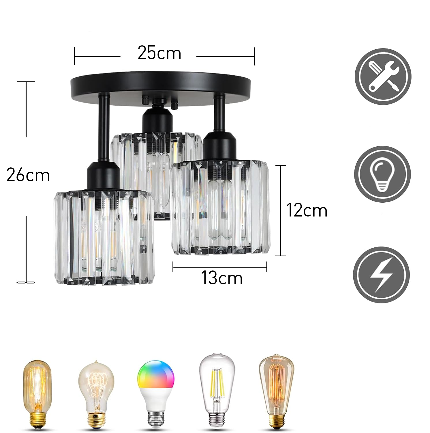 Elegant Modern Crystal Semi-Flush Ceiling Light for Bedroom and Living Spaces – 25cm Diameter, Iron and Glass Design 6