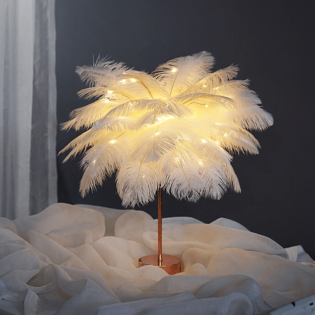 Elegant Ostrich Feather Table Lamp with Adjustable Branches – Battery Operated Cordless Design for Cozy Bedside or Living Room Lighting 0
