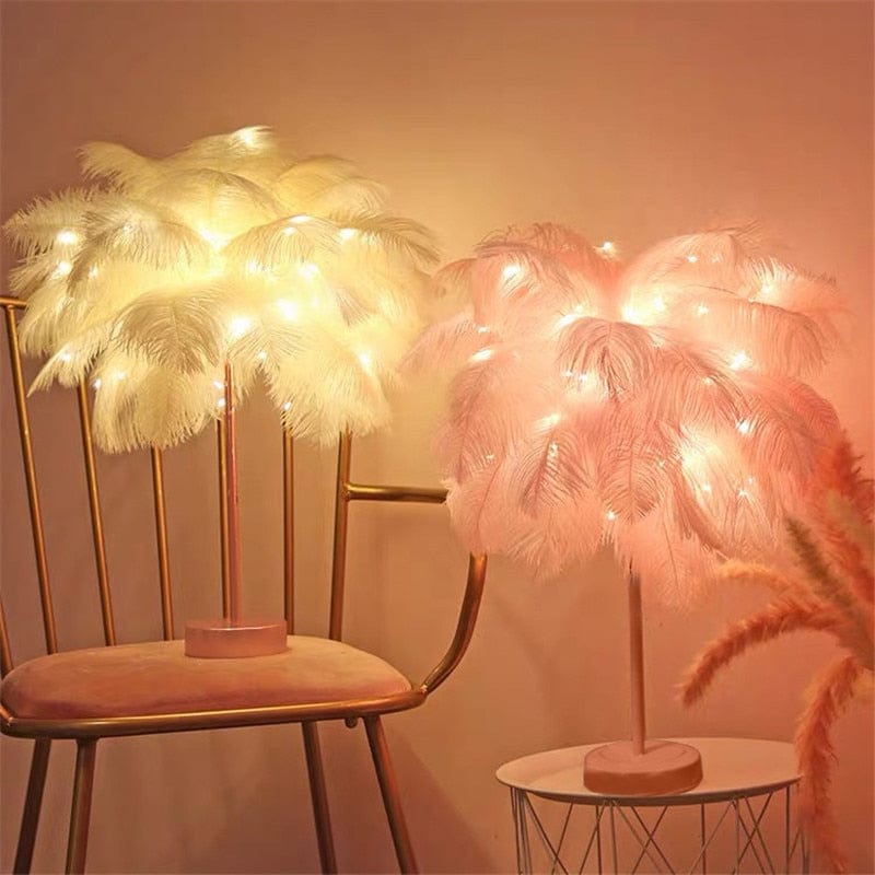 Elegant Ostrich Feather Table Lamp with Adjustable Branches – Battery Operated Cordless Design for Cozy Bedside or Living Room Lighting 1
