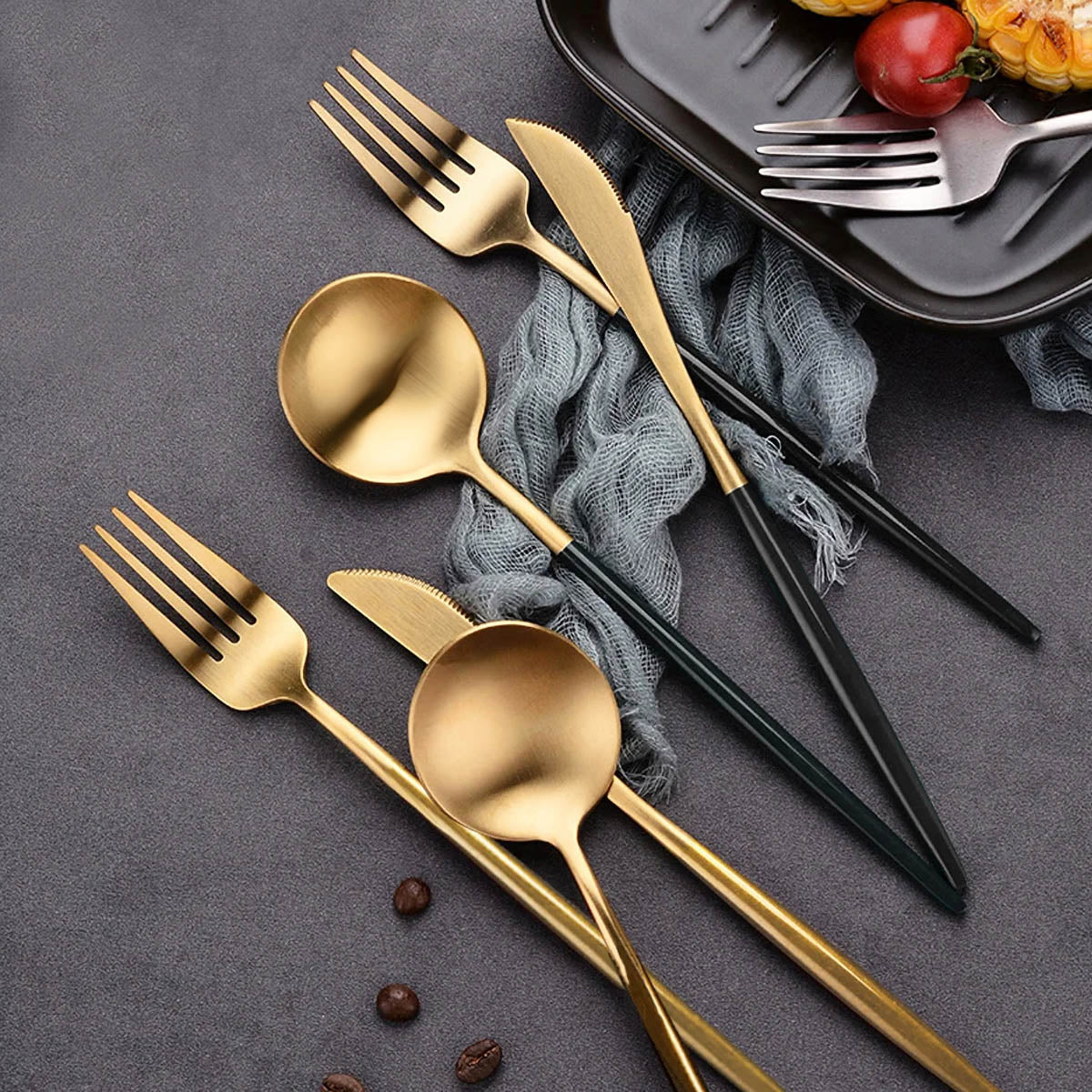 Elegant Stainless Steel Cutlery Set with Gold Finish and Black Handles – Modern Dining Essentials 2
