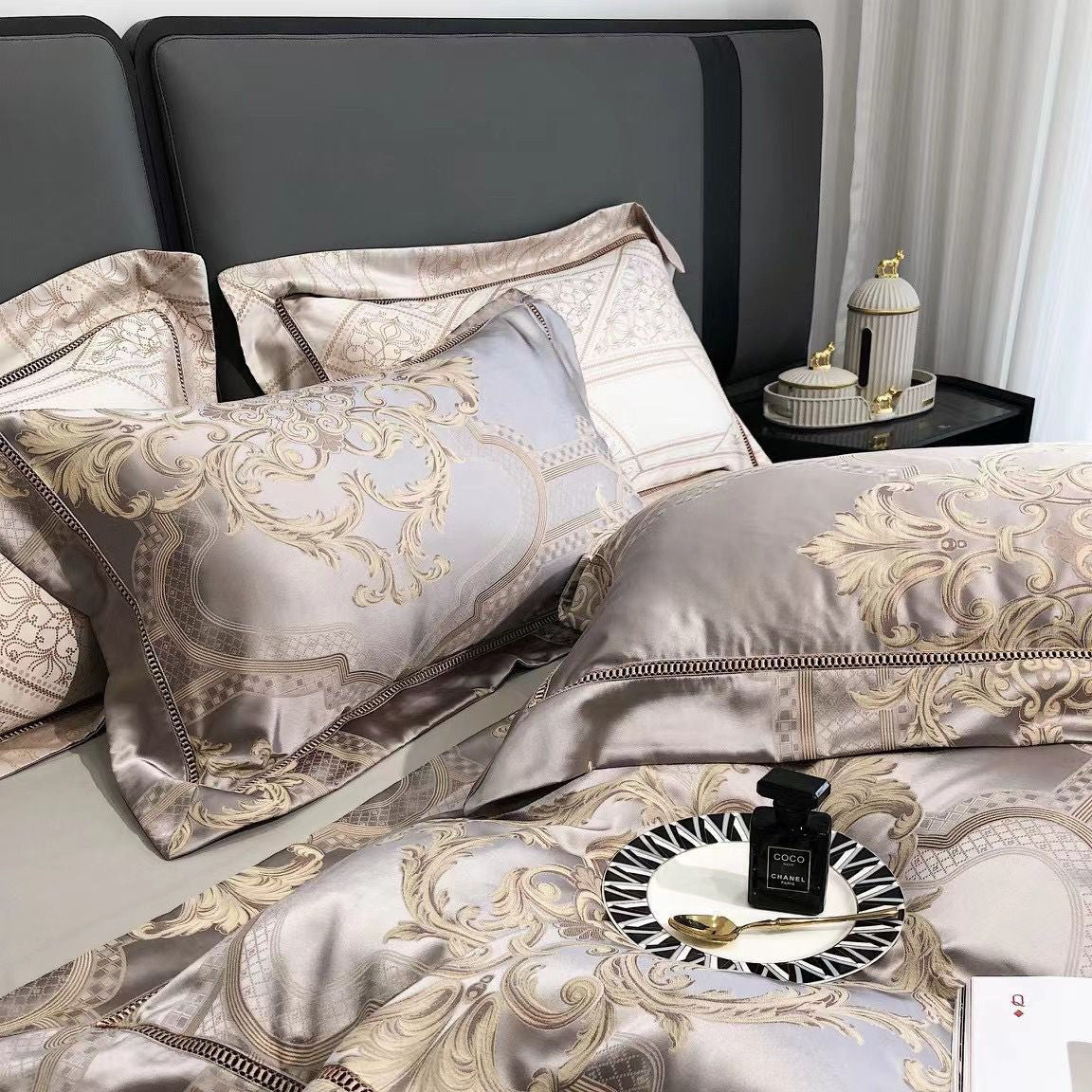 Extra Pillowcases for Duvet Cover Set – Warm Silver Jacquard Cotton, 48x74cm with Elegant Gold Details 0
