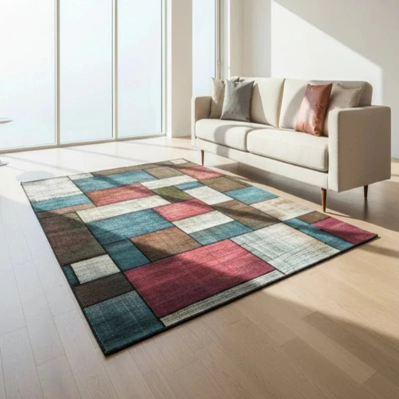 Geometric Carpet with Non-Slip Backing and Versatile Placement