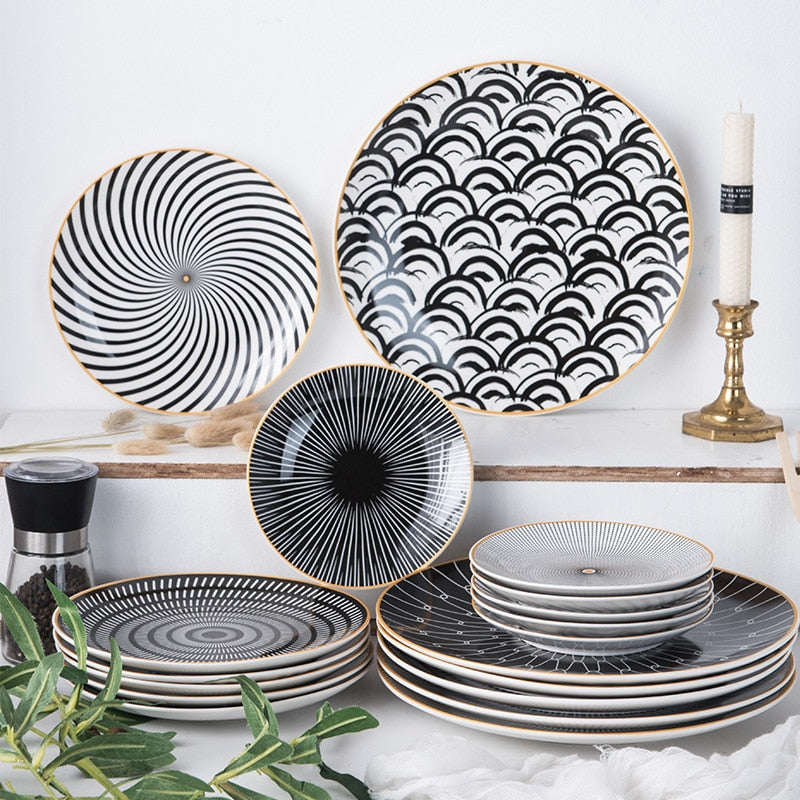 Geometric Pattern Ceramic Plates with Gold Rim – Elegant Round Ceramic Dinnerware Available in 6, 8, and 10 Inches 1