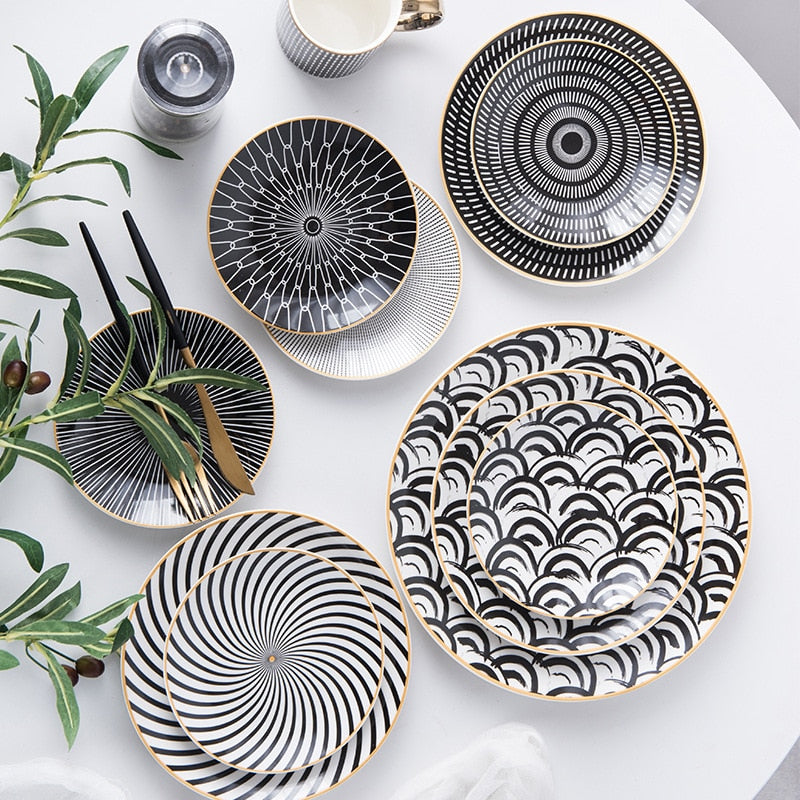 Geometric Pattern Ceramic Plates with Gold Rim – Elegant Round Ceramic Dinnerware Available in 6, 8, and 10 Inches 2