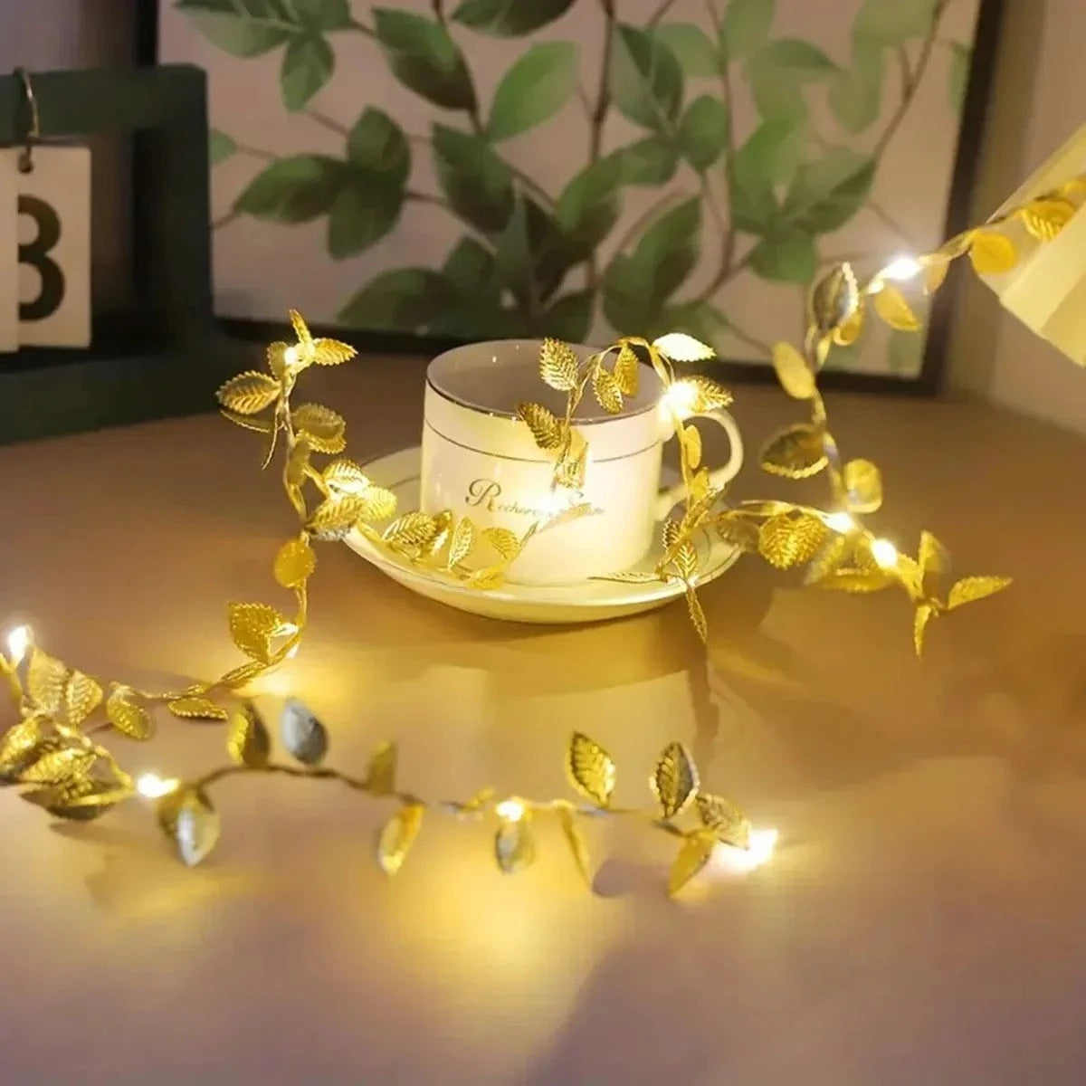 Gold Leaf LED String Lights – Battery Operated Outdoor Party Lights for Home Decor, Warm White Glow, IP65 Waterproof, Multiple Lengths 9