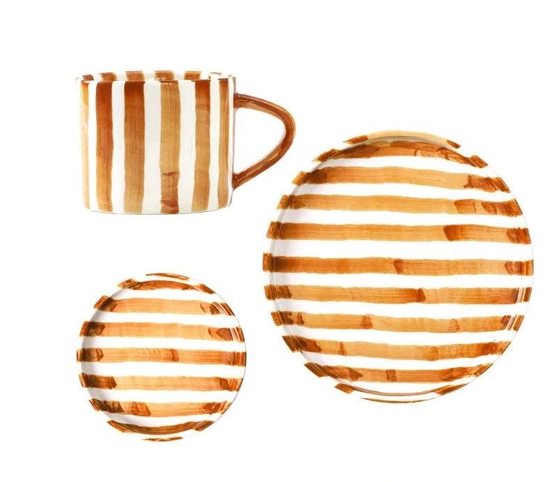 Hand-Painted Coffee Mug Set with Dessert Plate – Charming Stripes and Camellia Motifs, Durable Ceramic, Perfect for Coffee and Tea 0