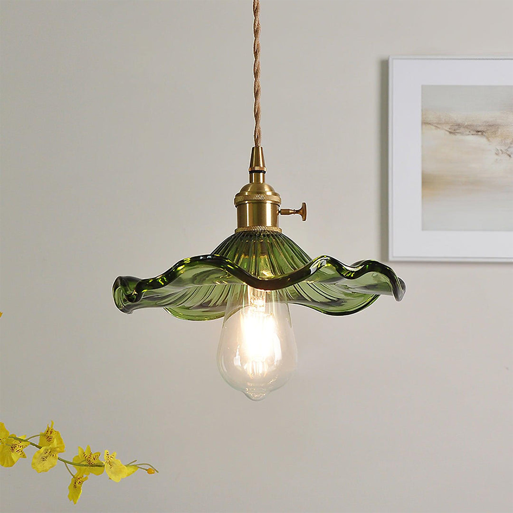 Hibiscus Flower Glass Pendant Light – Adjustable Brass Hanging Light for Kitchen and Home Décor 0