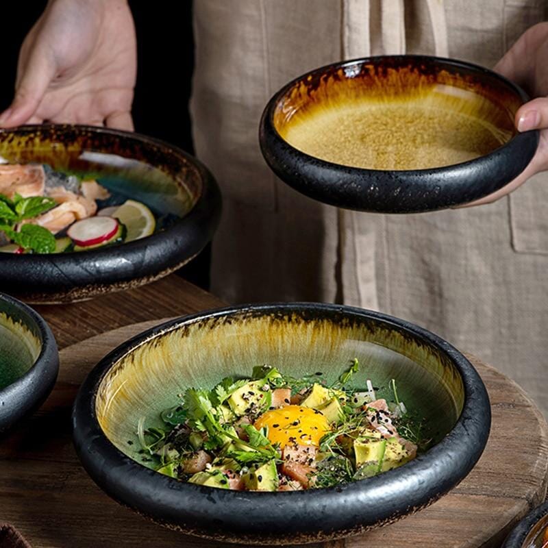 Japanese Glaze Ceramic Plates - Durable Porcelain Dinnerware Set for Elegant Dining, Microwave and Dishwasher Safe 1