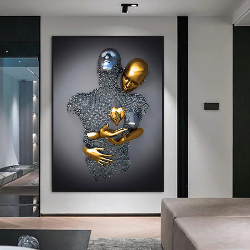 Limited Edition Art Print of Golden Love Artwork – Female Android Embracing Male Sculpture, Museum-Quality Paper, 75+ Years Color Guarantee 0