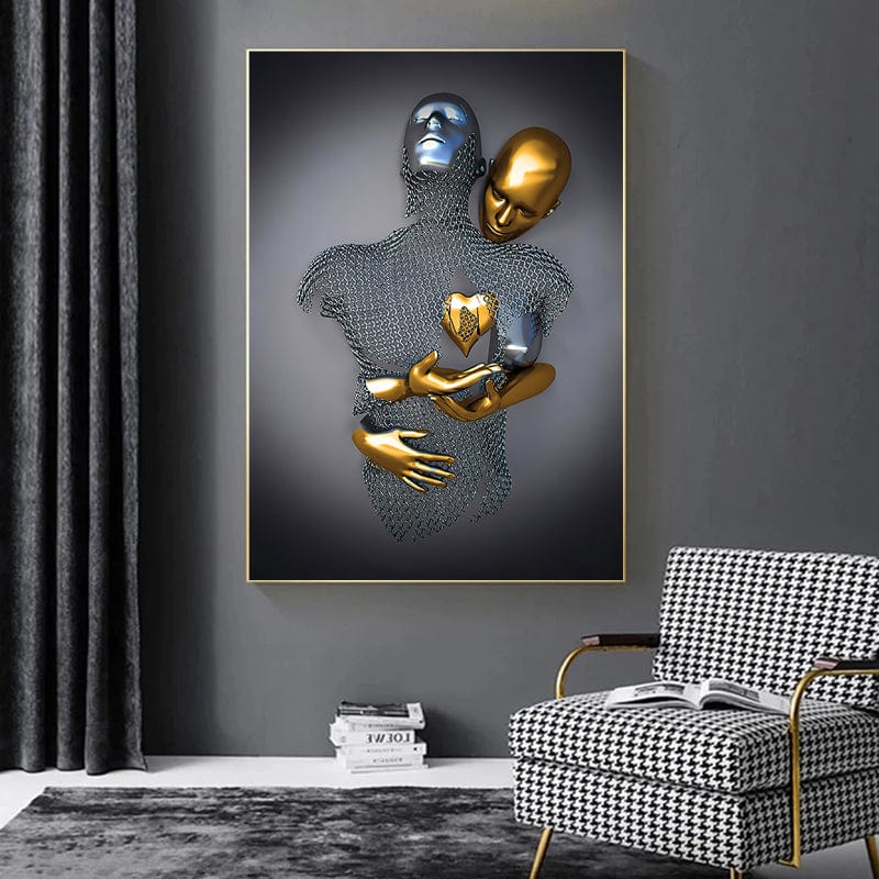 Limited Edition Art Print of Golden Love Artwork – Female Android Embracing Male Sculpture, Museum-Quality Paper, 75+ Years Color Guarantee 2