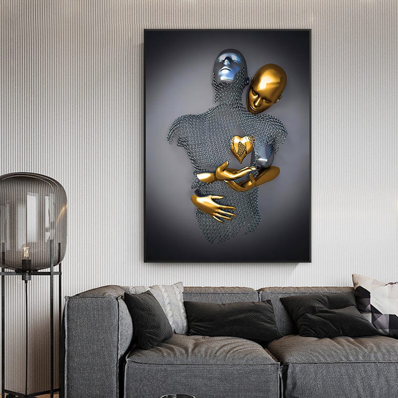 Limited Edition Art Print of Golden Love Artwork – Female Android Embracing Male Sculpture, Museum-Quality Paper, 75+ Years Color Guarantee 3