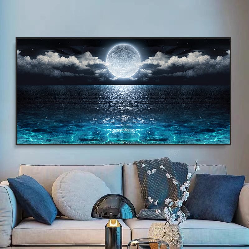 Limited Edition Moon Rise Art Print – Serene Full Moon Over Blue Waters – High-Quality Canvas Print for Home Décor 1