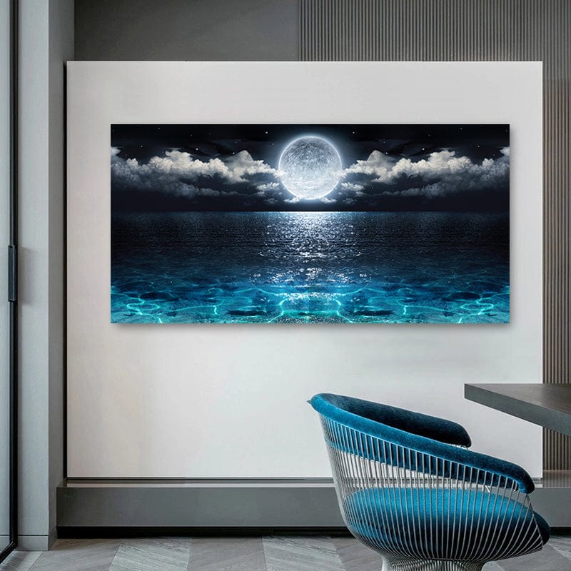 Limited Edition Moon Rise Art Print – Serene Full Moon Over Blue Waters – High-Quality Canvas Print for Home Décor 2