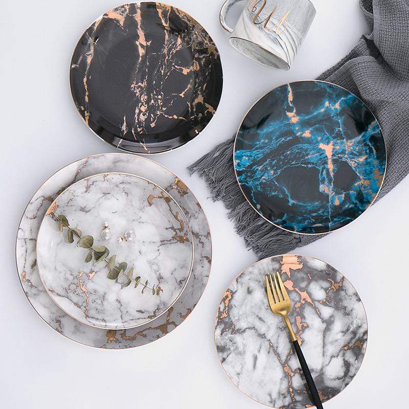 Marbled Fine Porcelain Dinner Plate Set with Gilded Corners – Elegant Kitchenware Collection 1