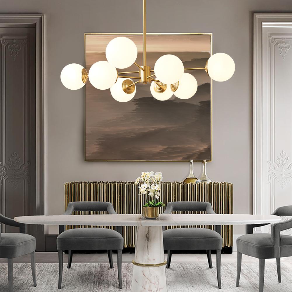 Mid-Century Modern Black Chandelier Light with Opal Glass Shades – Adjustable Dimmable Dining Room Lighting 0