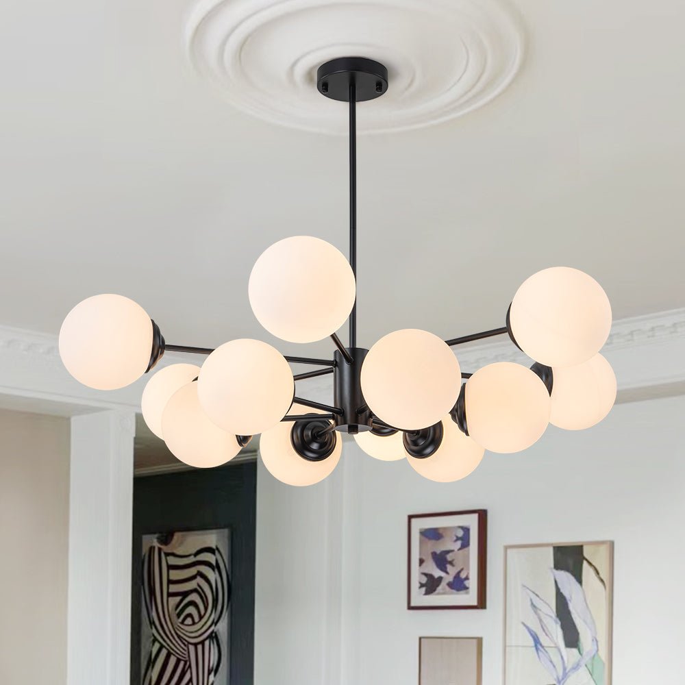 Mid-Century Modern Black Chandelier Light with Opal Glass Shades – Adjustable Dimmable Dining Room Lighting 9