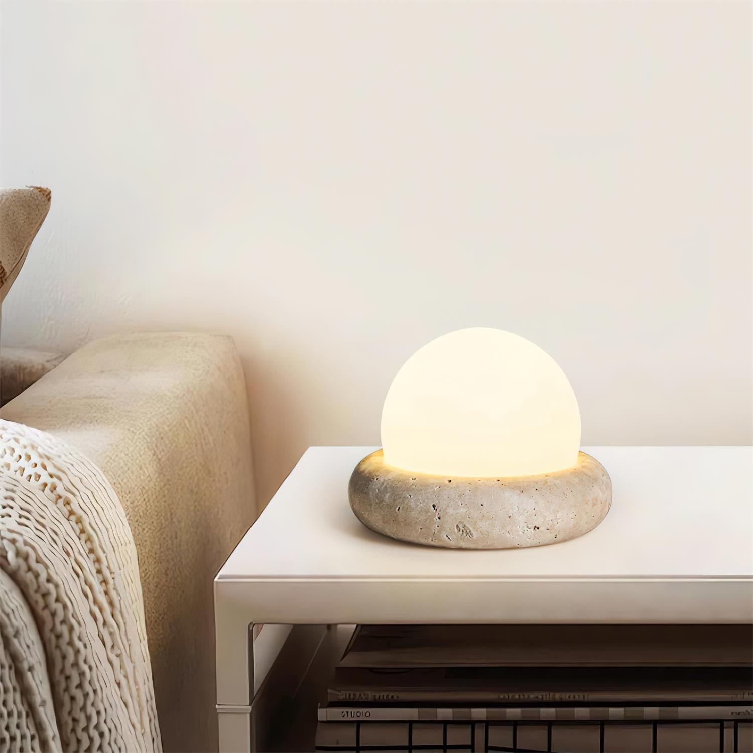 Mini Travertine Globe Table Lamp with Opal Glass Shade – Elegant Bedside Lamp for Ambient Indoor/Outdoor Lighting 4