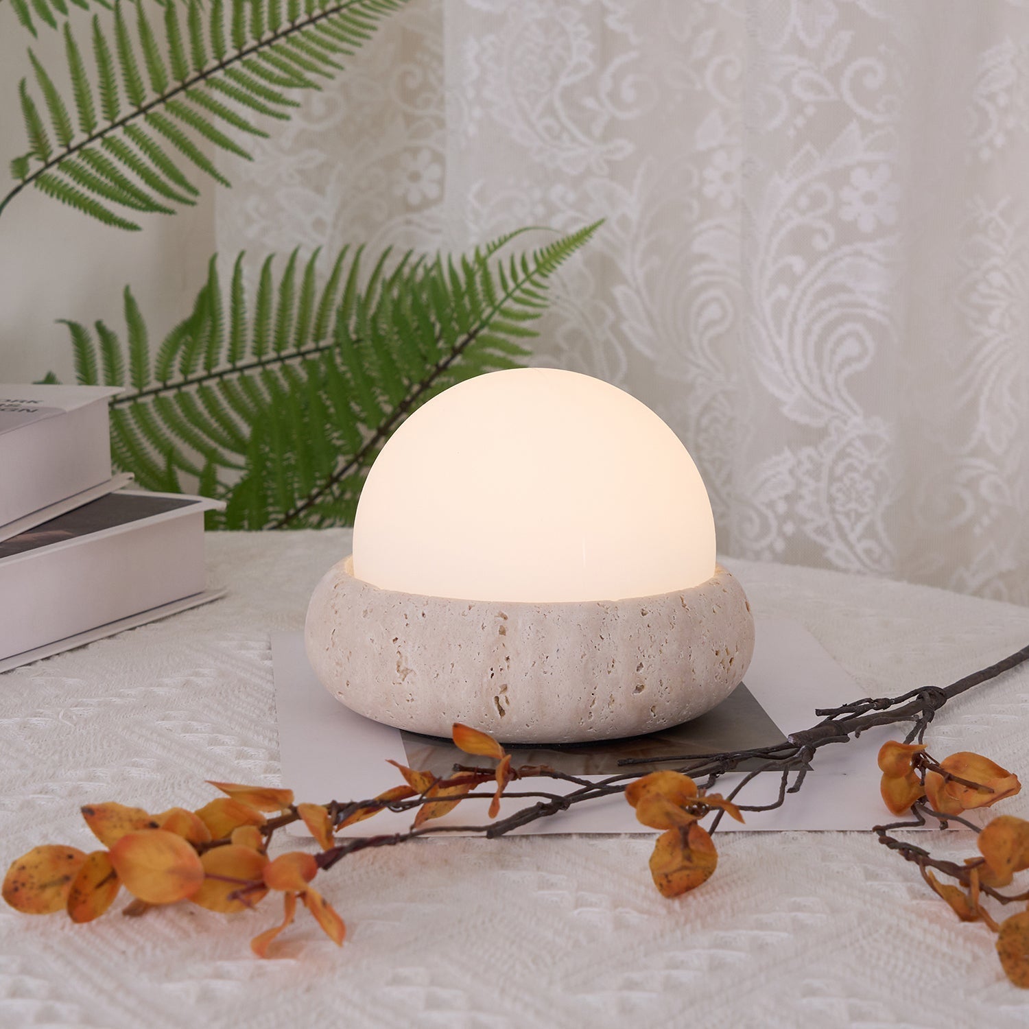 Mini Travertine Globe Table Lamp with Opal Glass Shade – Elegant Bedside Lamp for Ambient Indoor/Outdoor Lighting 6