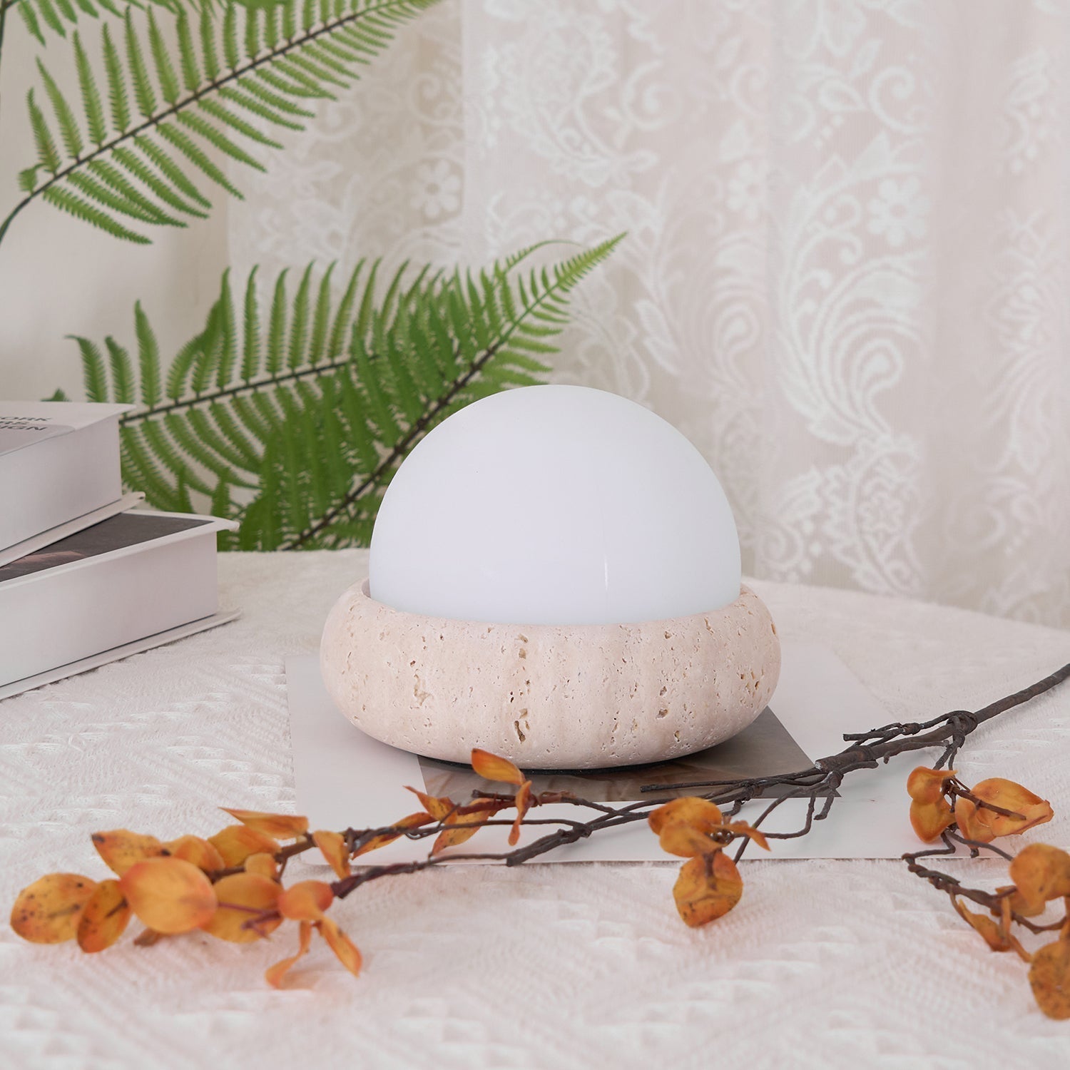 Mini Travertine Globe Table Lamp with Opal Glass Shade – Elegant Bedside Lamp for Ambient Indoor/Outdoor Lighting 7